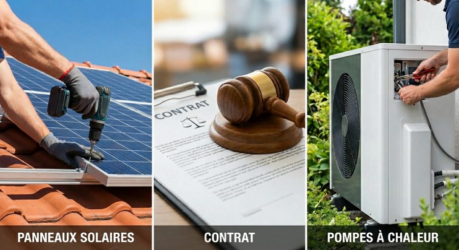 Montage photo montrant l'installation de panneaux solaires et l'entretien d'une pompe à chaleur, reliés par un marteau de justice symbolisant la protection juridique de l'avocat pour les installateurs RGE.