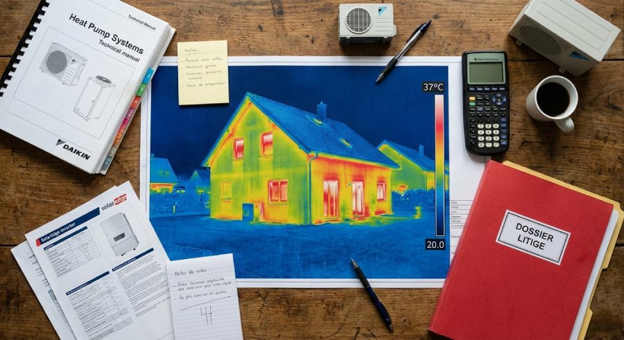 Bureau d'étude avec plans thermiques, notices techniques de pompe à chaleur et dossier de litige juridique, illustrant la gestion des contentieux par un avocat expert en énergies renouvelables.