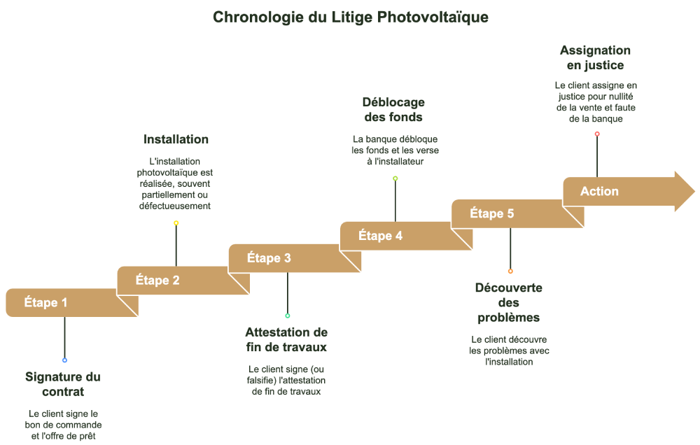 Infographie chronologique illustrant les étapes d'une arnaque aux panneaux solaires : signature du crédit affecté, installation défectueuse, fausse attestation de travaux, déblocage des fonds par la banque, et recours en justice.