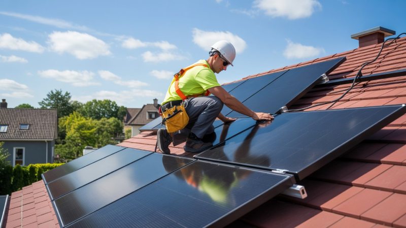 installateur de panneaux solaires sur un toit