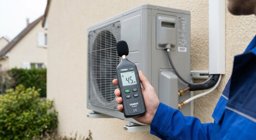 Mesure acoustique bruit pompe à chaleur avec sonomètre pour constat nuisance.