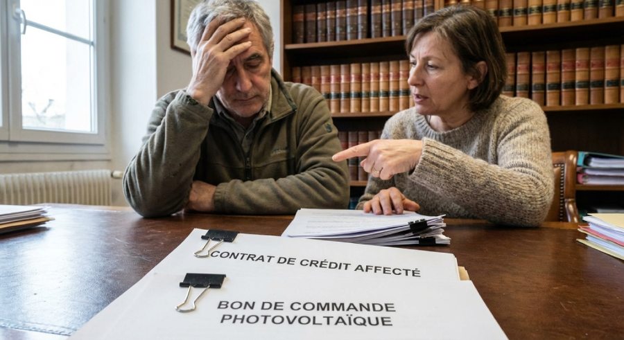 Couple inquiet en consultation chez un avocat analysant les contrats de crédit affecté et de panneaux solaires.