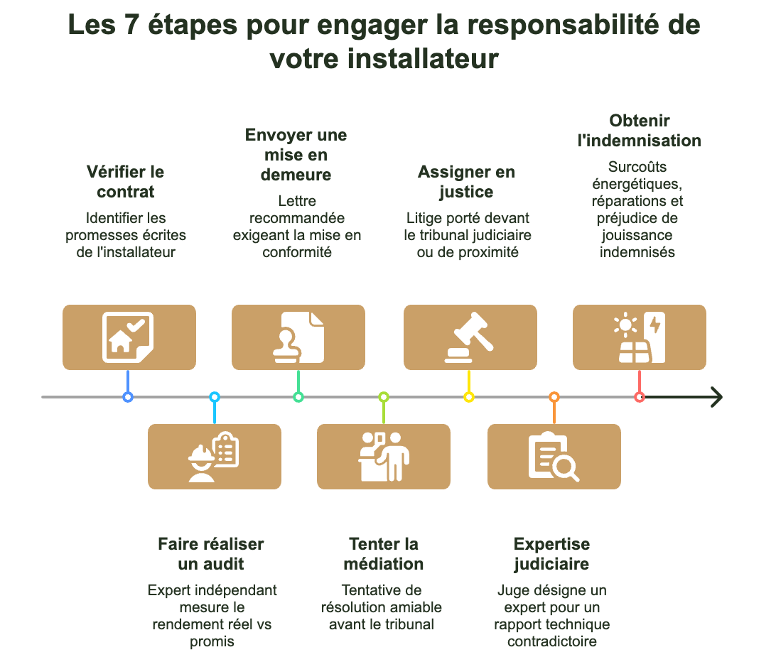 Infographie des 7 étapes pour engager la responsabilité contractuelle d'un installateur PAC ou panneaux solaires - rendement énergétique promis non atteint