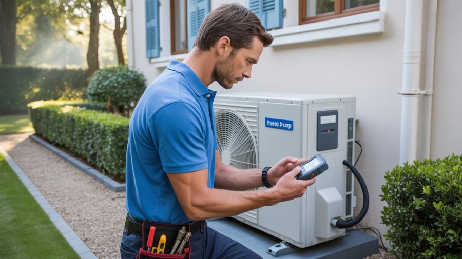 Technicien réalisant un audit de performance sur une pompe à chaleur extérieure - diagnostic rendement énergétique promis non atteint