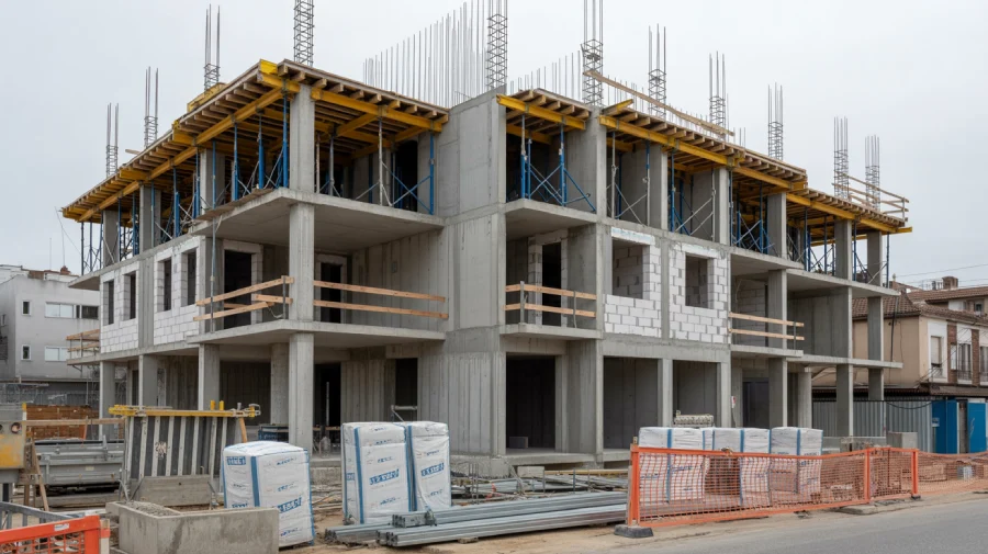 Chantier de construction d'un immeuble neuf en VEFA temporairement a l'arret