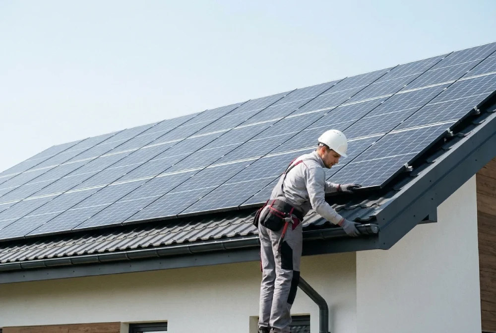 Panneaux photovoltaïques sur une toiture moderne inspectés par un technicien