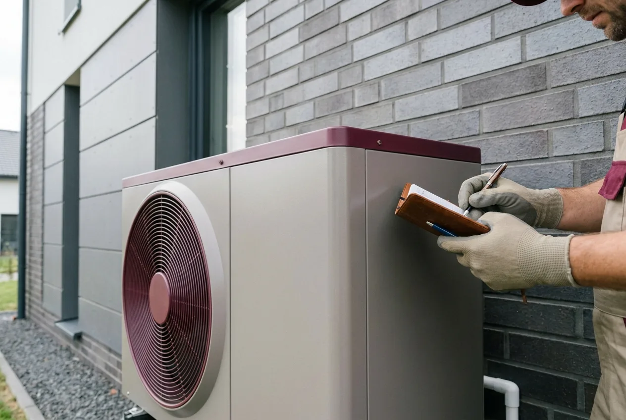 Unité extérieure de pompe à chaleur installée contre la façade d'une maison, en cours d'inspection