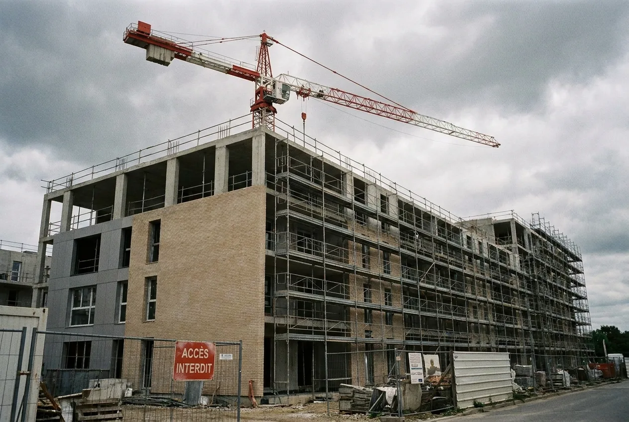 Chantier d'un immeuble résidentiel neuf en VEFA avec grue, illustrant les risques de retard et de défaillance du promoteur