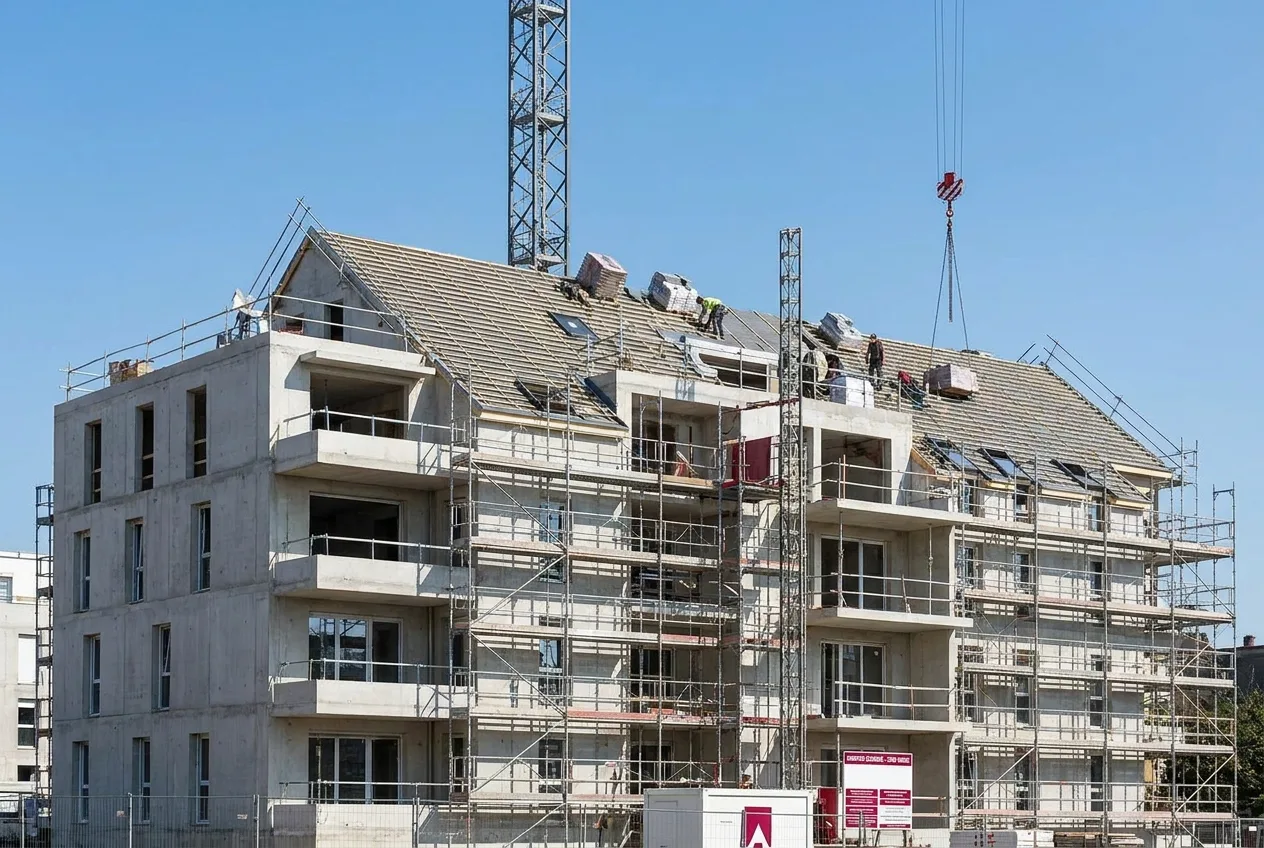 Immeuble résidentiel neuf en cours de construction au stade de la mise hors d'eau, chantier VEFA