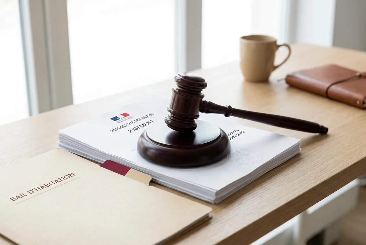 Marteau de justice posé sur une décision de justice et un dossier de bail, symbolisant la condamnation et le recouvrement