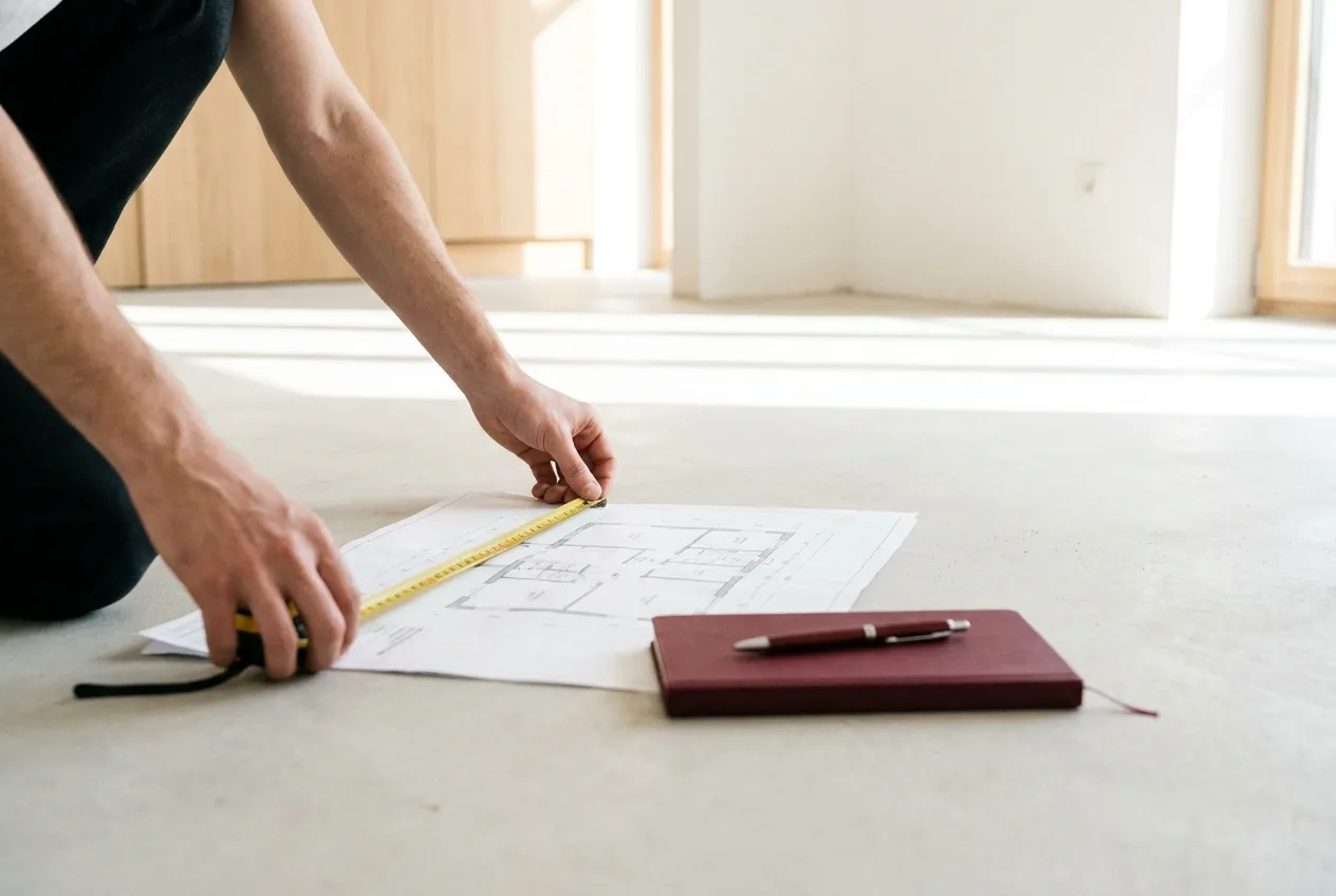 Vérification des dimensions d'une pièce avec un mètre et comparaison au plan contractuel d'un logement VEFA