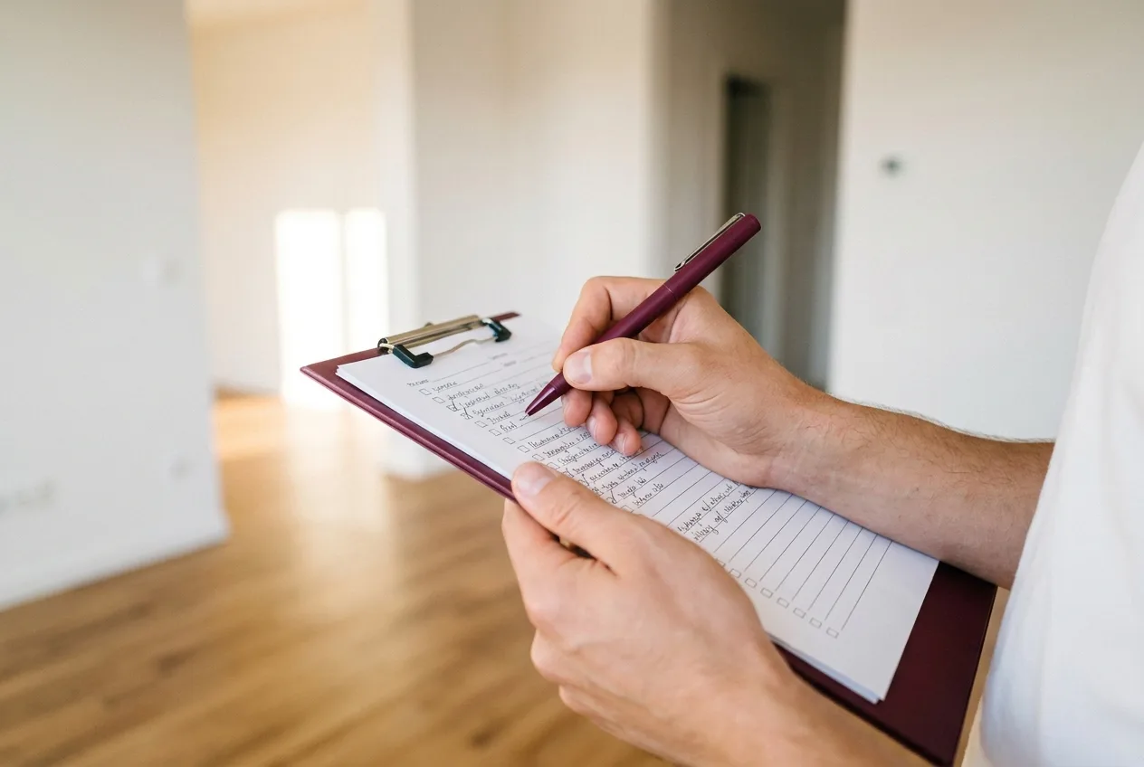 Acquéreur notant des réserves lors de la visite de livraison d'un appartement neuf non conforme au plan